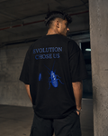 Black Cockroach Evolution Chose Us Premium Oversized T-Shirt back view with blue cockroach evolution graphic artwork and Evolution Chose Us typography