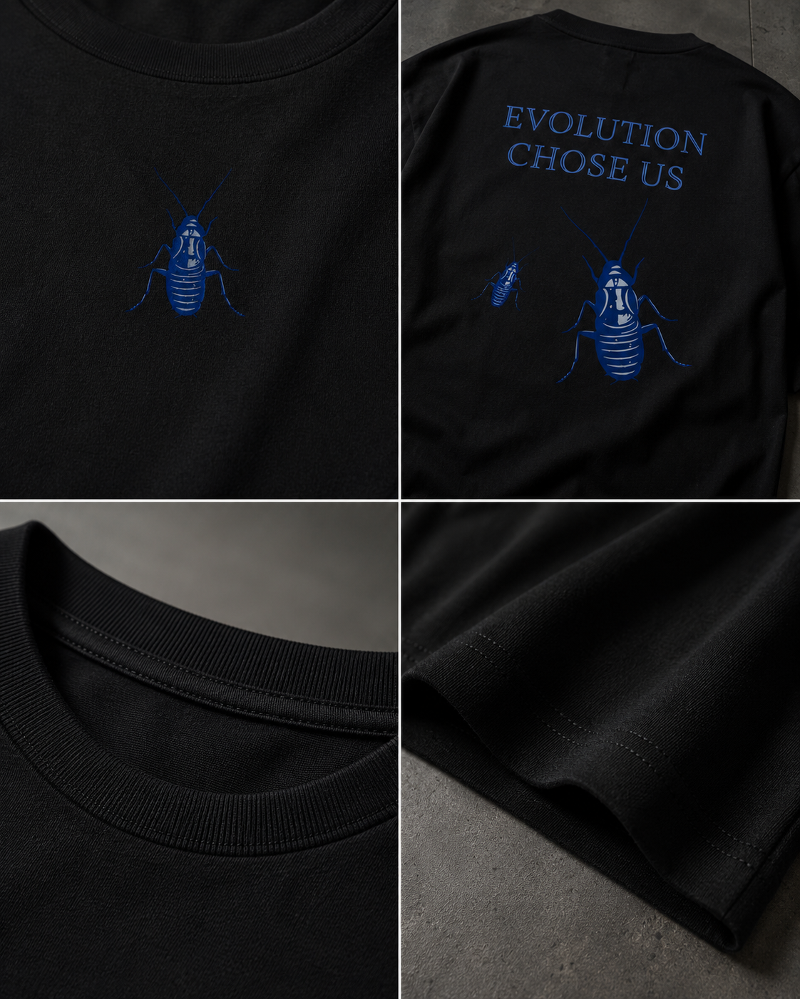 Black Cockroach Evolution Chose Us Premium Oversized T-Shirt detail collage showing cockroach print, fabric texture and construction close-ups