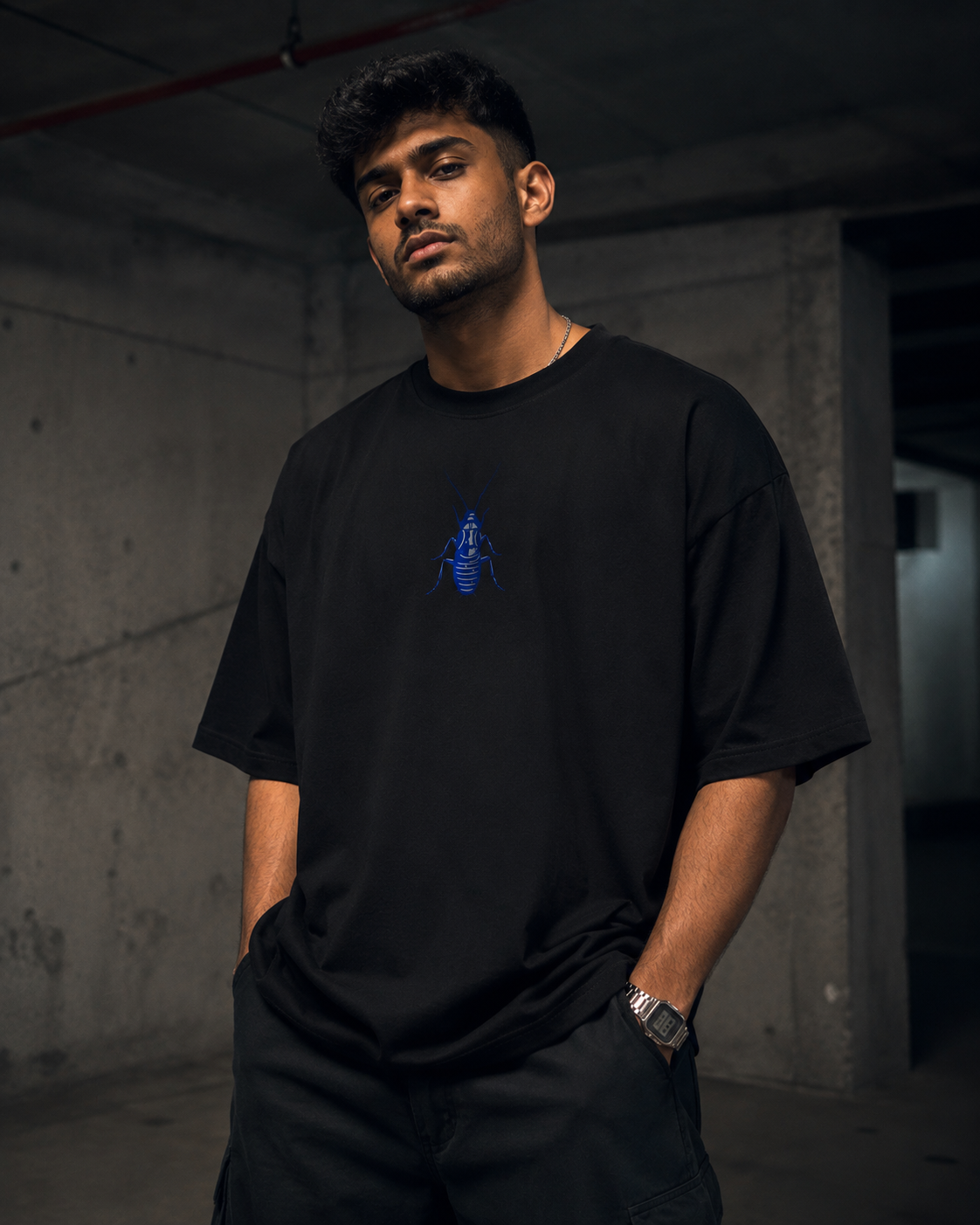 Black Cockroach Evolution Chose Us Premium Oversized T-Shirt front view with blue cockroach chest graphic