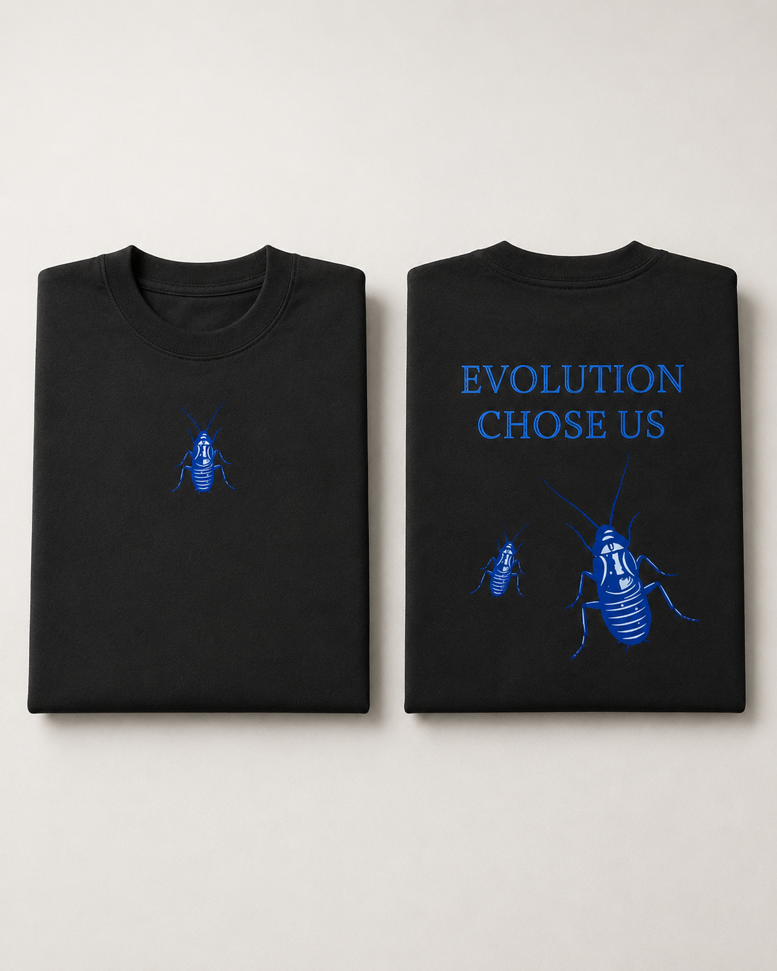 Black Cockroach Evolution Chose Us Premium Oversized T-Shirt hero product view with blue cockroach artwork front and back presentation