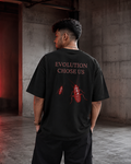 Black Cockroach Evolution Chose Us Premium Oversized T-Shirt back view with red cockroach evolution graphic artwork and Evolution Chose Us typography