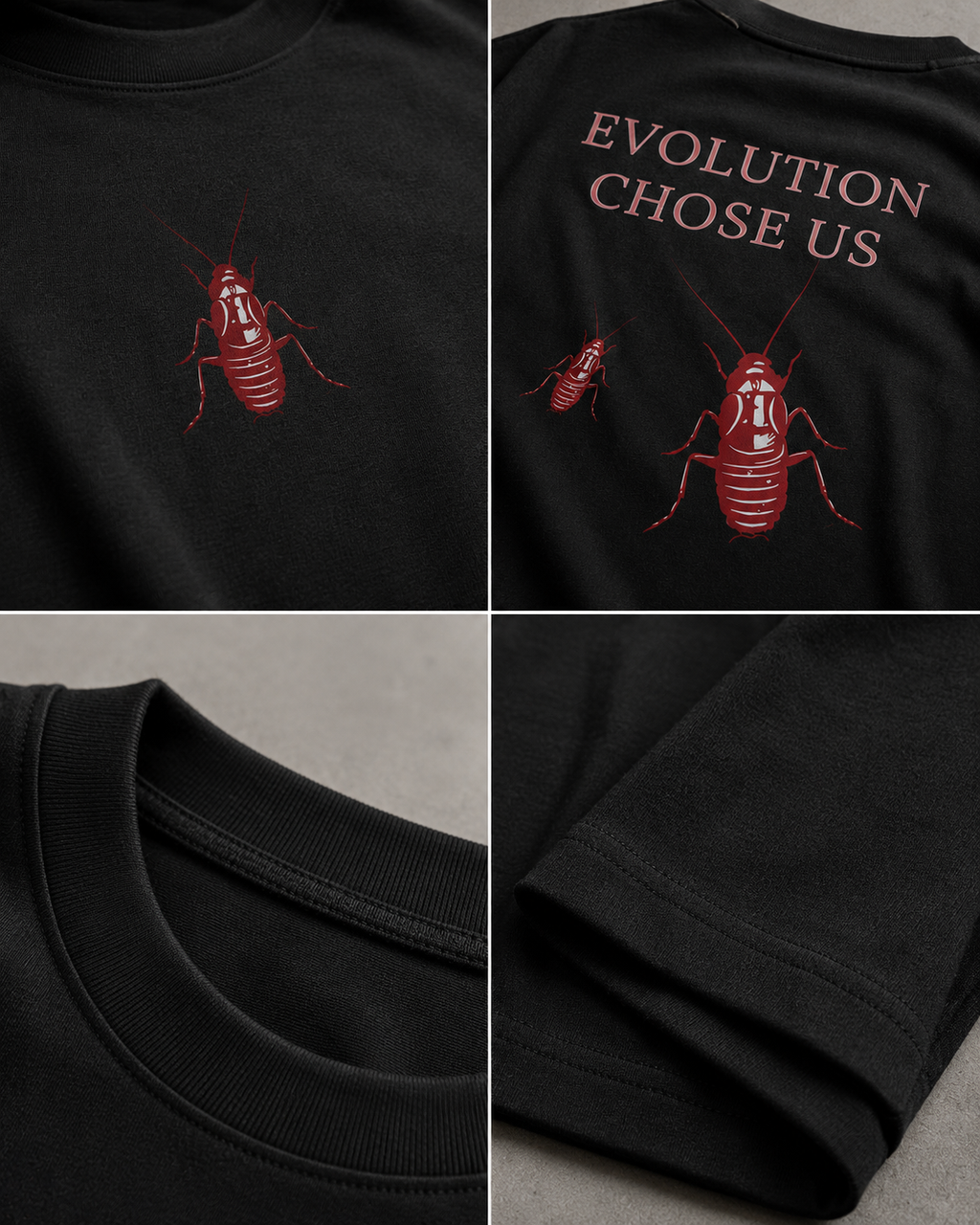 Black Cockroach Evolution Chose Us Premium Oversized T-Shirt detail collage showing cockroach print, fabric texture and construction close-ups