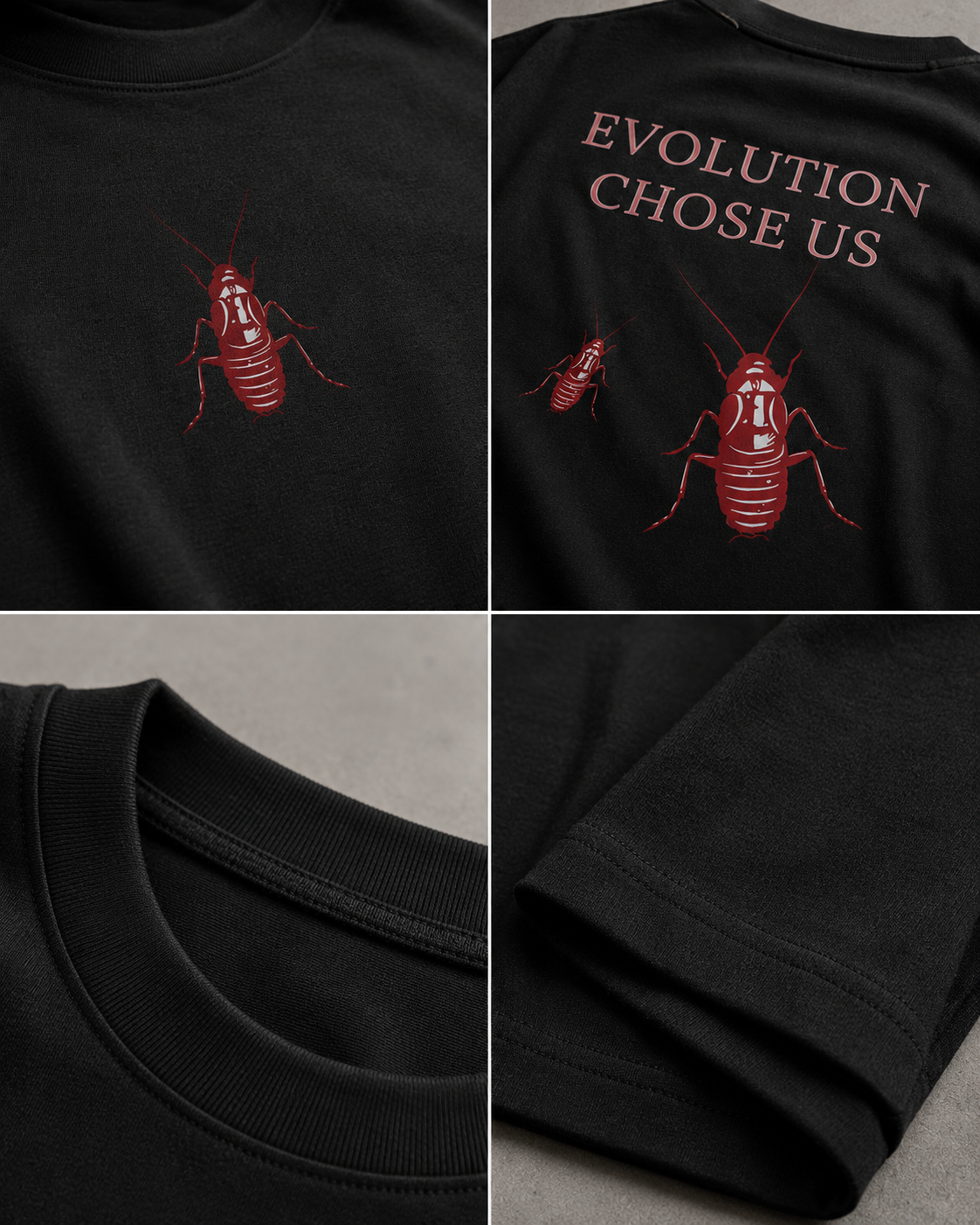 Black Cockroach Evolution Chose Us Premium Oversized T-Shirt detail collage showing cockroach print, fabric texture and construction close-ups