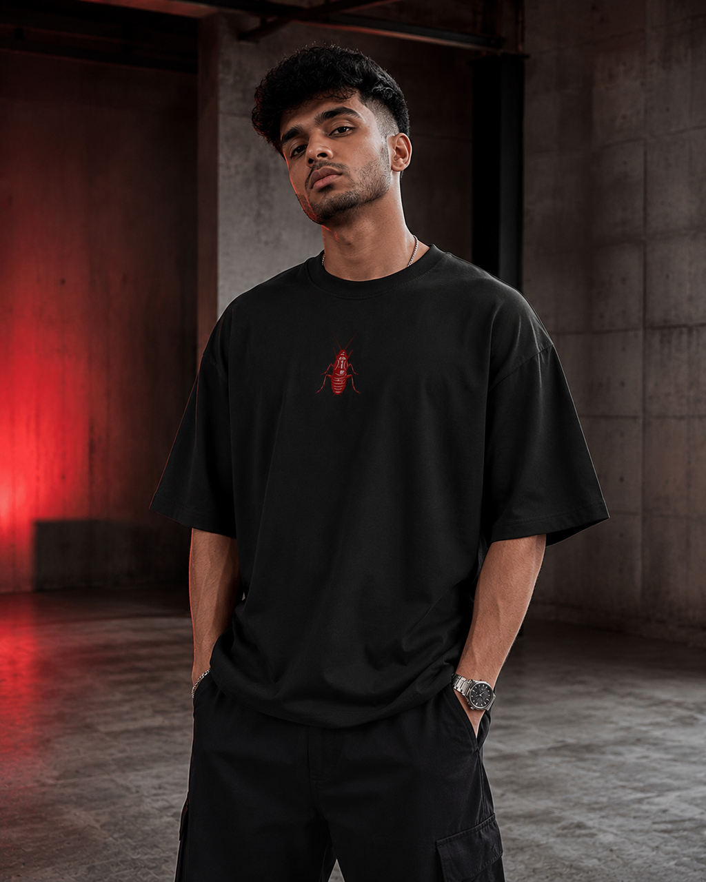 Black Cockroach Evolution Chose Us Premium Oversized T-Shirt front view with red cockroach chest graphic