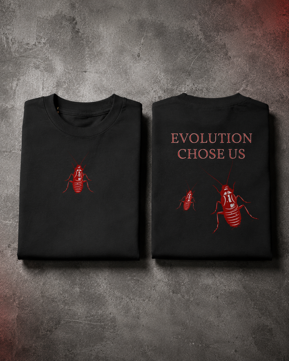 Black Cockroach Evolution Chose Us Premium Oversized T-Shirt hero product view with red cockroach artwork front and back presentation