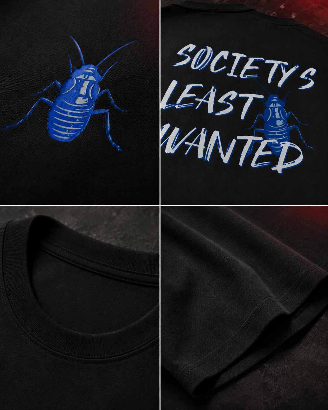 Black Cockroach Society's Least Wanted Premium Oversized T-Shirt detail collage showing cockroach print, fabric texture and construction close-ups