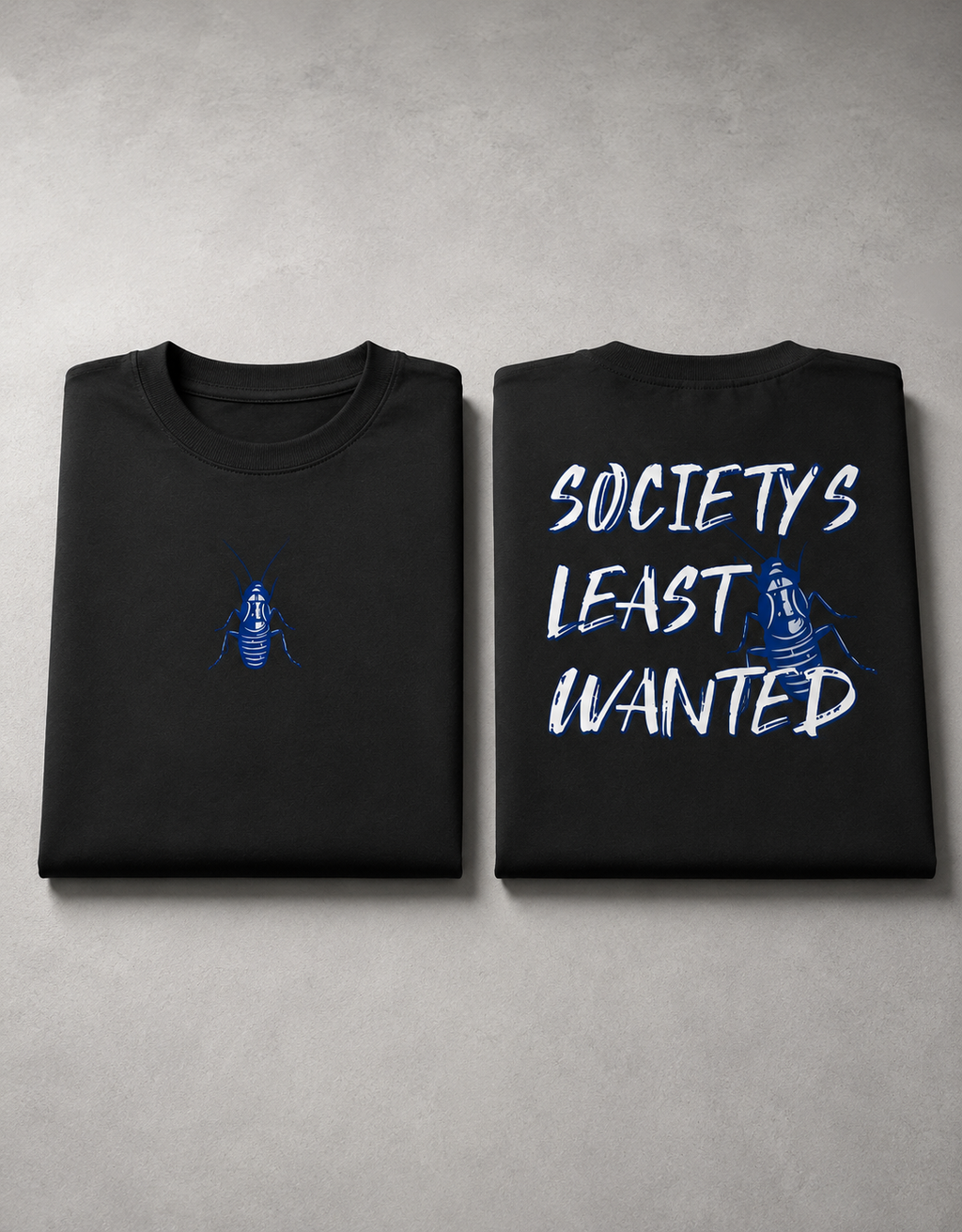 Black Cockroach Society's Least Wanted Premium Oversized T-Shirt hero product view with blue cockroach artwork front and back presentation