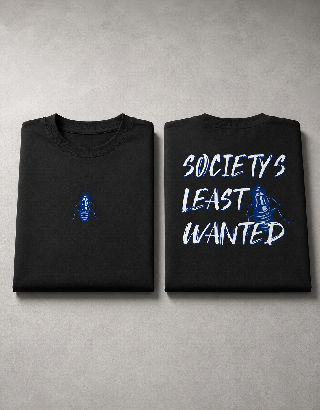 Black Cockroach Society's Least Wanted Premium Oversized T-Shirt hero product view with blue cockroach artwork front and back presentation