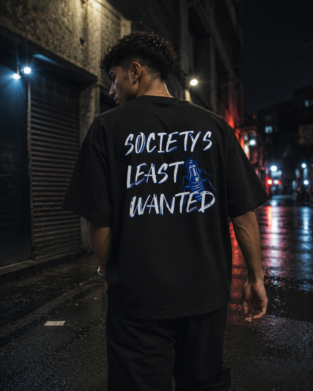 Black Cockroach Society's Least Wanted Premium Oversized T-Shirt back view with blue cockroach graphic and Society's Least Wanted typography