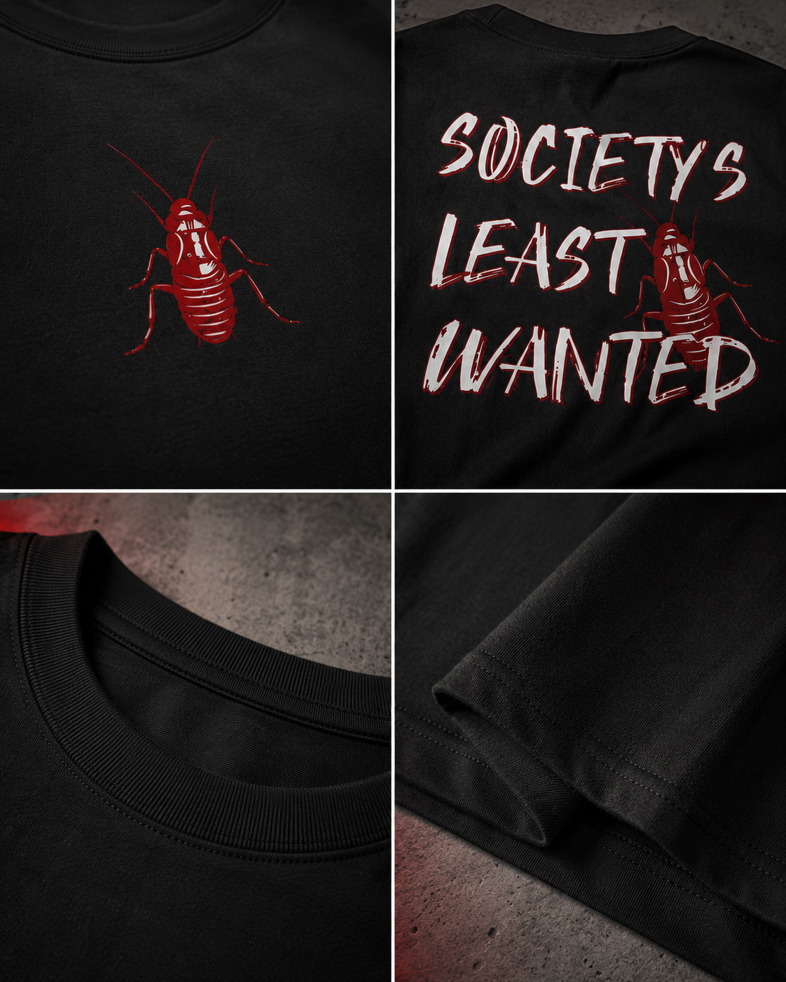 Black Cockroach Society's Least Wanted Premium Oversized T-Shirt detail collage showing cockroach print, fabric texture and construction close-ups