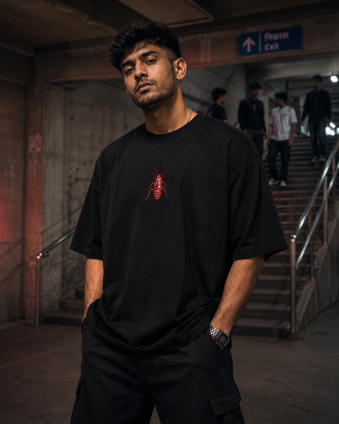 Black Cockroach Society's Least Wanted Premium Oversized T-Shirt front view with red cockroach chest graphic