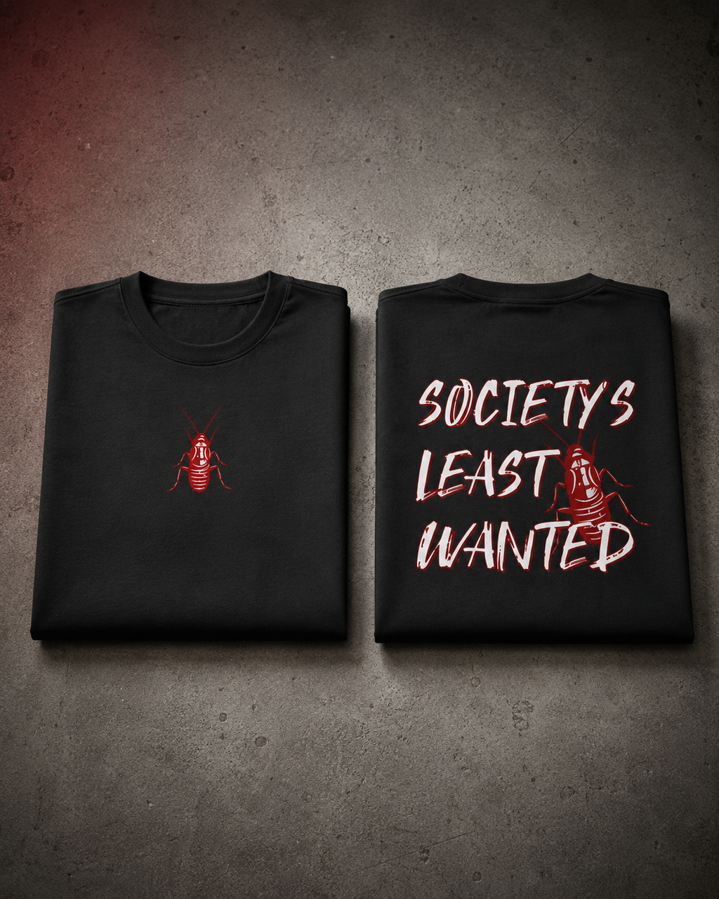 Black Cockroach Society's Least Wanted Premium Oversized T-Shirt hero product view with red cockroach artwork front and back presentation