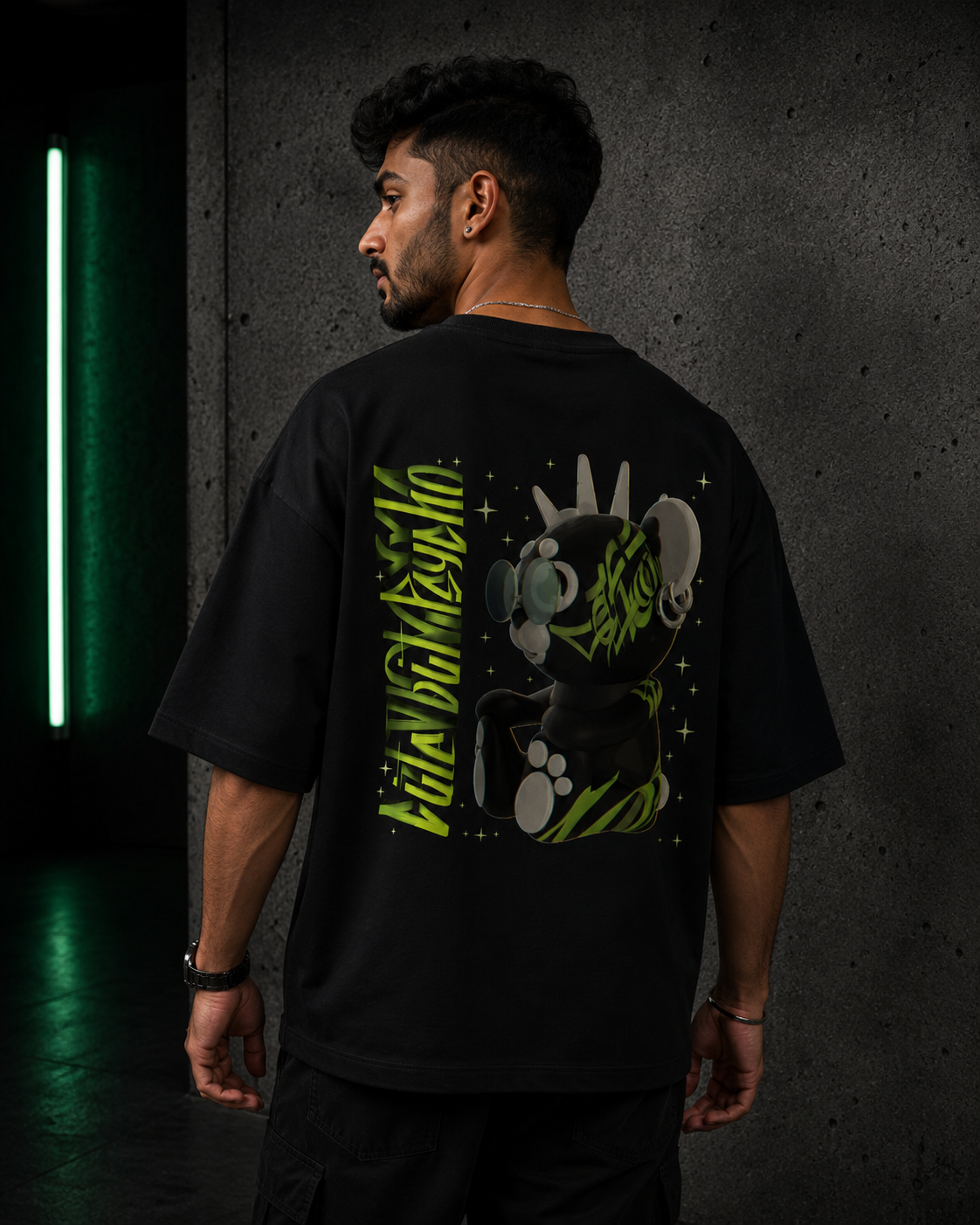 Black Drip Earth oversized heavyweight t-shirt with AFTER HOURS teddy bear back graphic - rear model view