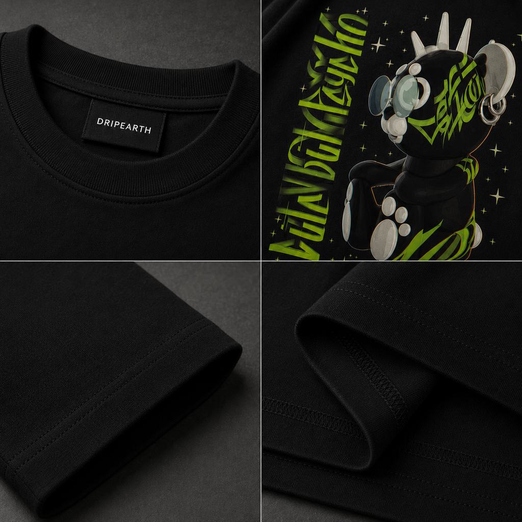 Bottle-Green Drip Earth oversized heavyweight t-shirt detail collage showing collar, print and fabric close-ups