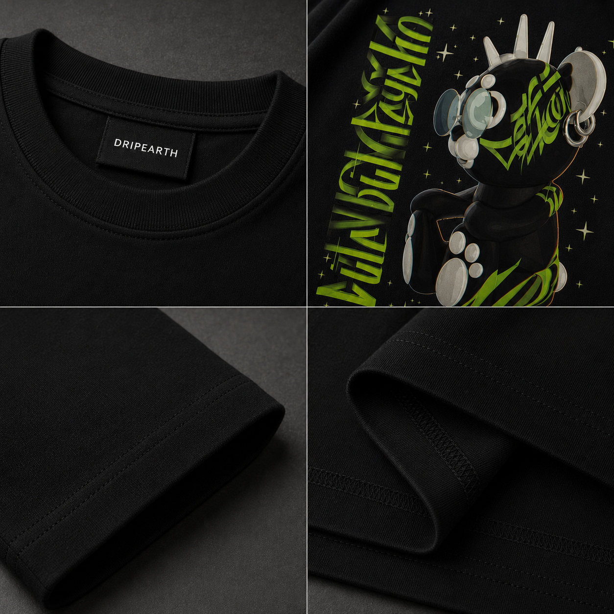 Bottle-Green Drip Earth oversized heavyweight t-shirt detail collage showing collar, print and fabric close-ups