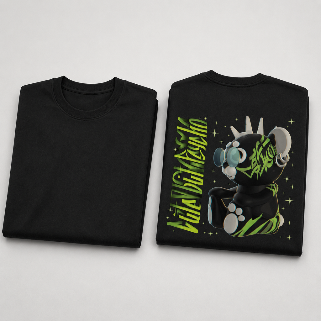 Black Drip Earth oversized heavyweight t-shirt detail collage showing collar, print and fabric close-ups
