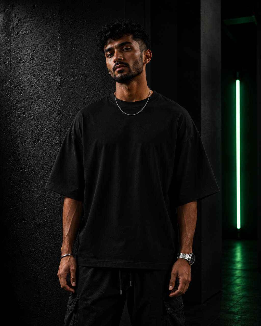 Black Drip Earth oversized heavyweight t-shirt with AFTER HOURS graphic - lifestyle streetwear shot