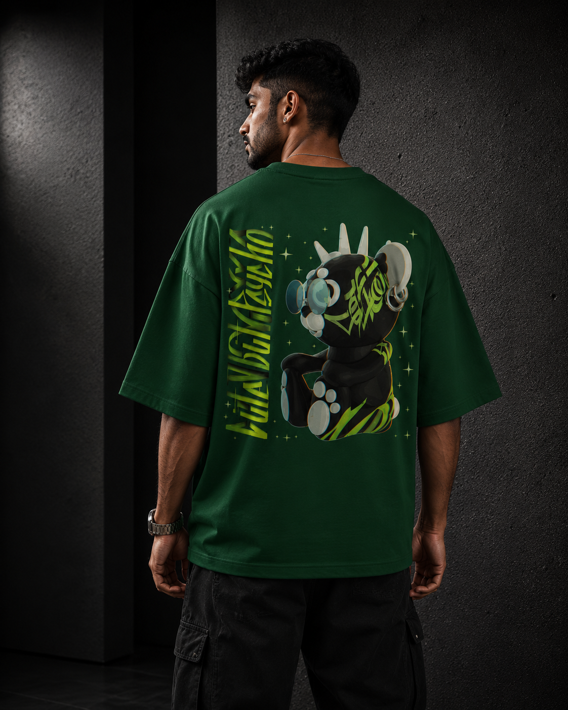 Bottle-Green Drip Earth oversized heavyweight t-shirt with AFTER HOURS teddy bear back graphic - rear model view