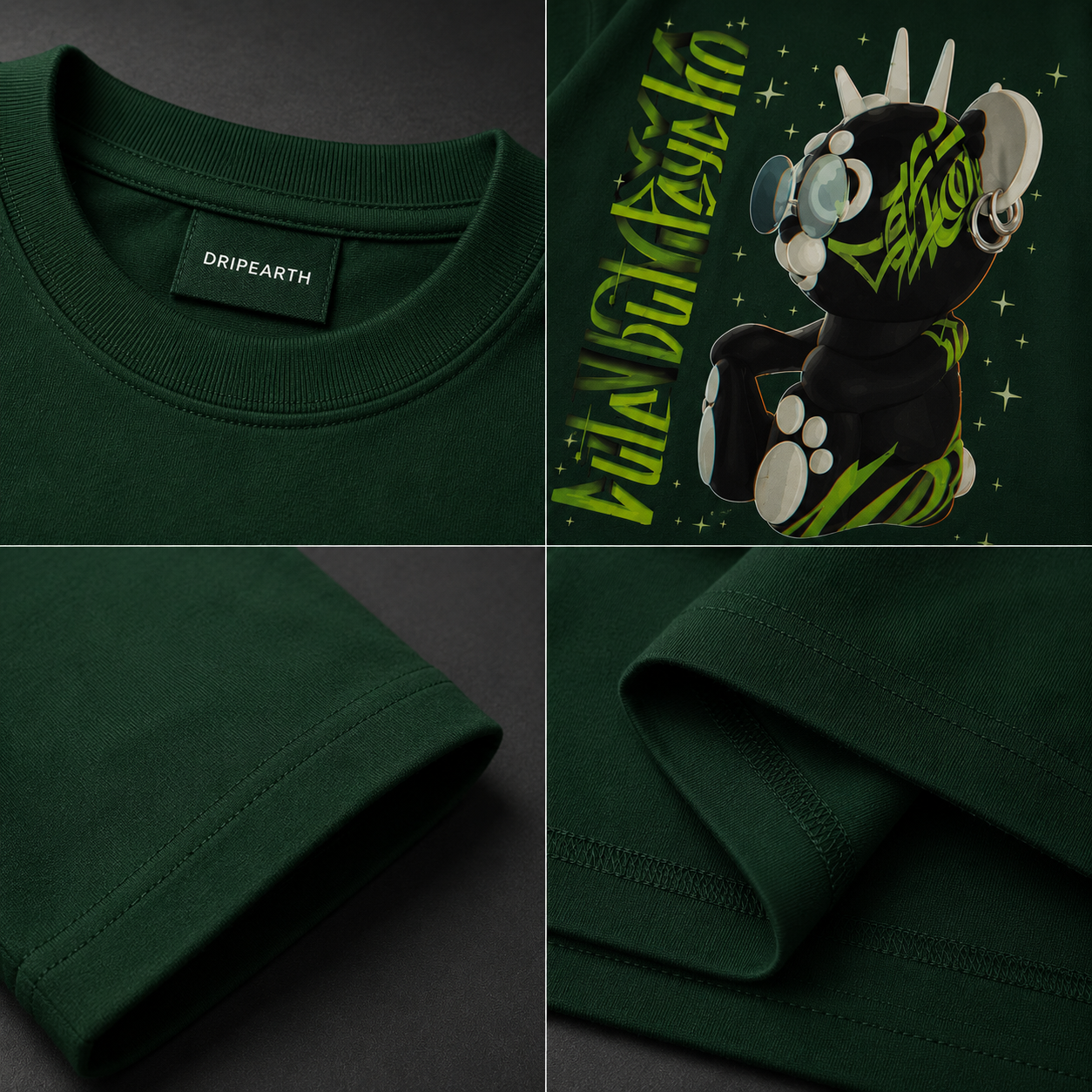 Bottle-Green Drip Earth oversized heavyweight t-shirt with AFTER HOURS graphic - folded front and back view