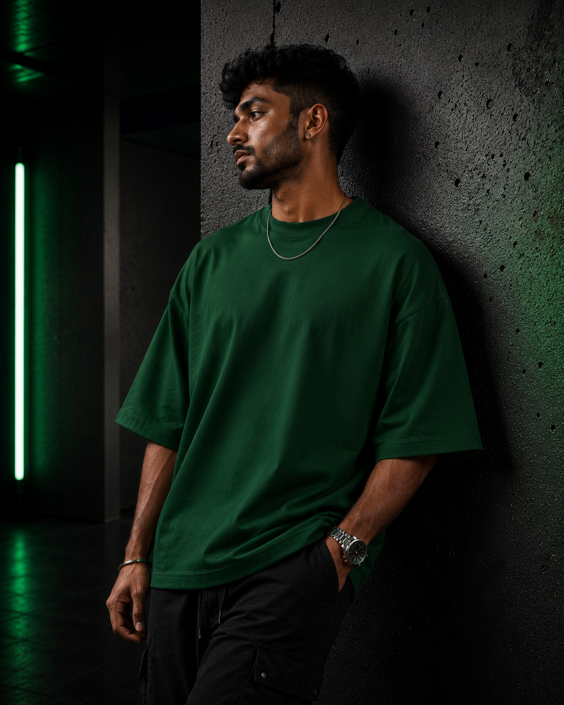 Bottle-Green Drip Earth oversized heavyweight t-shirt with AFTER HOURS graphic - lifestyle streetwear shot