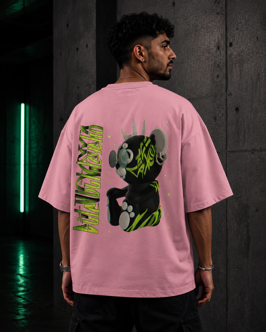 Flamingo Drip Earth oversized heavyweight t-shirt with AFTER HOURS teddy bear back graphic - rear model view