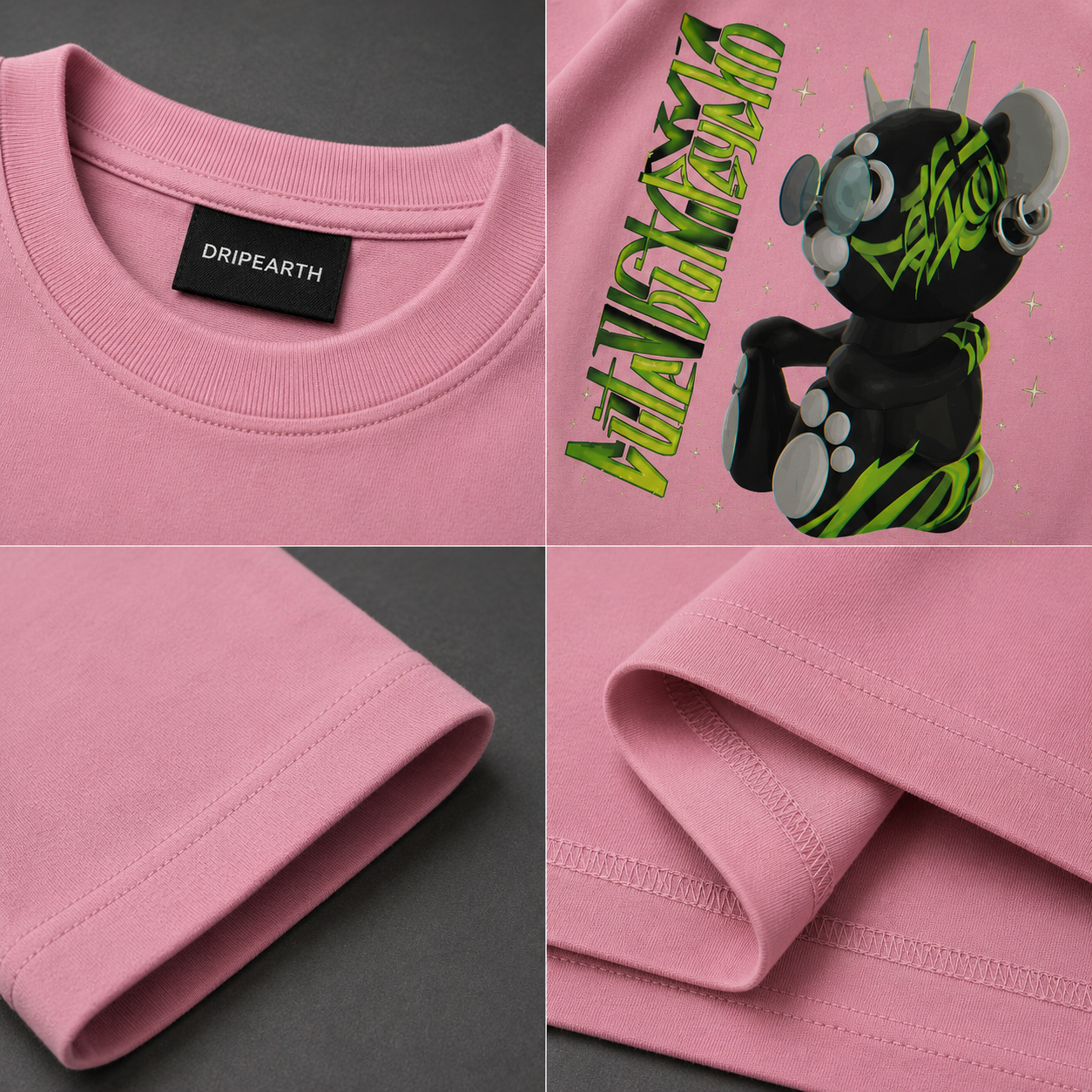 Flamingo Drip Earth oversized heavyweight t-shirt detail collage showing collar, print and fabric close-ups