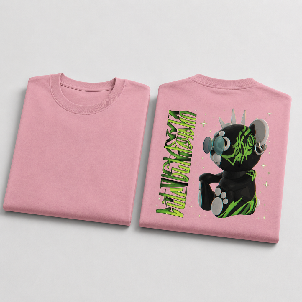 Flamingo Drip Earth oversized heavyweight t-shirt with AFTER HOURS graphic - folded front and back view