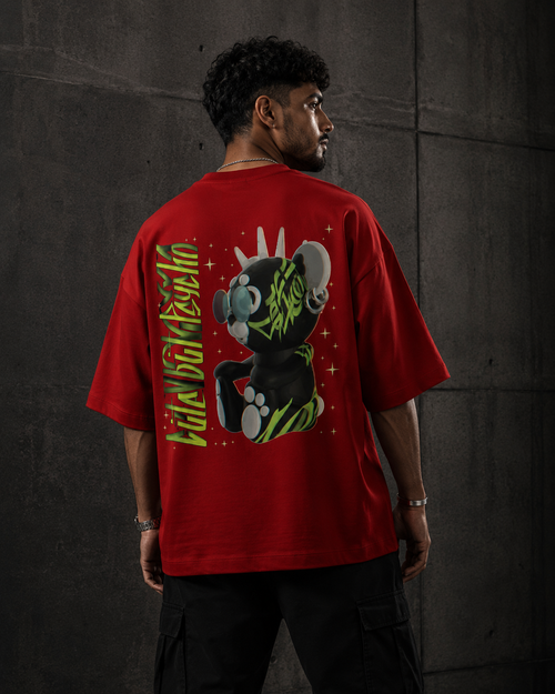 Red Drip Earth oversized heavyweight t-shirt with AFTER HOURS teddy bear back graphic - rear model view