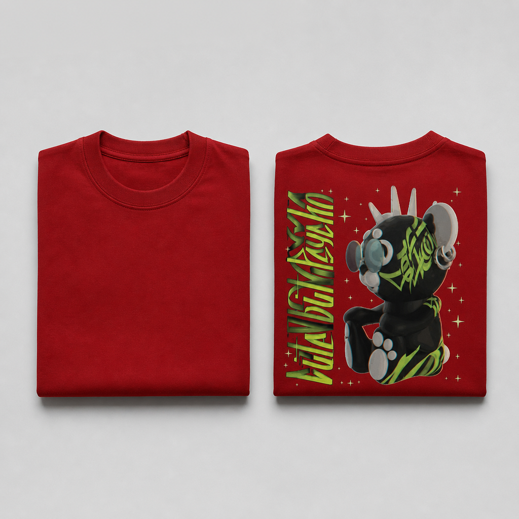 Red Drip Earth oversized heavyweight t-shirt with AFTER HOURS graphic - folded front and back view