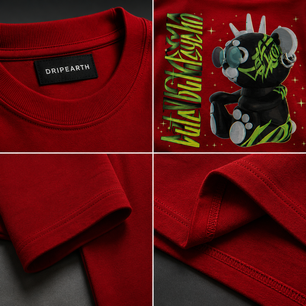 Red Drip Earth oversized heavyweight t-shirt detail collage showing collar, print and fabric close-ups