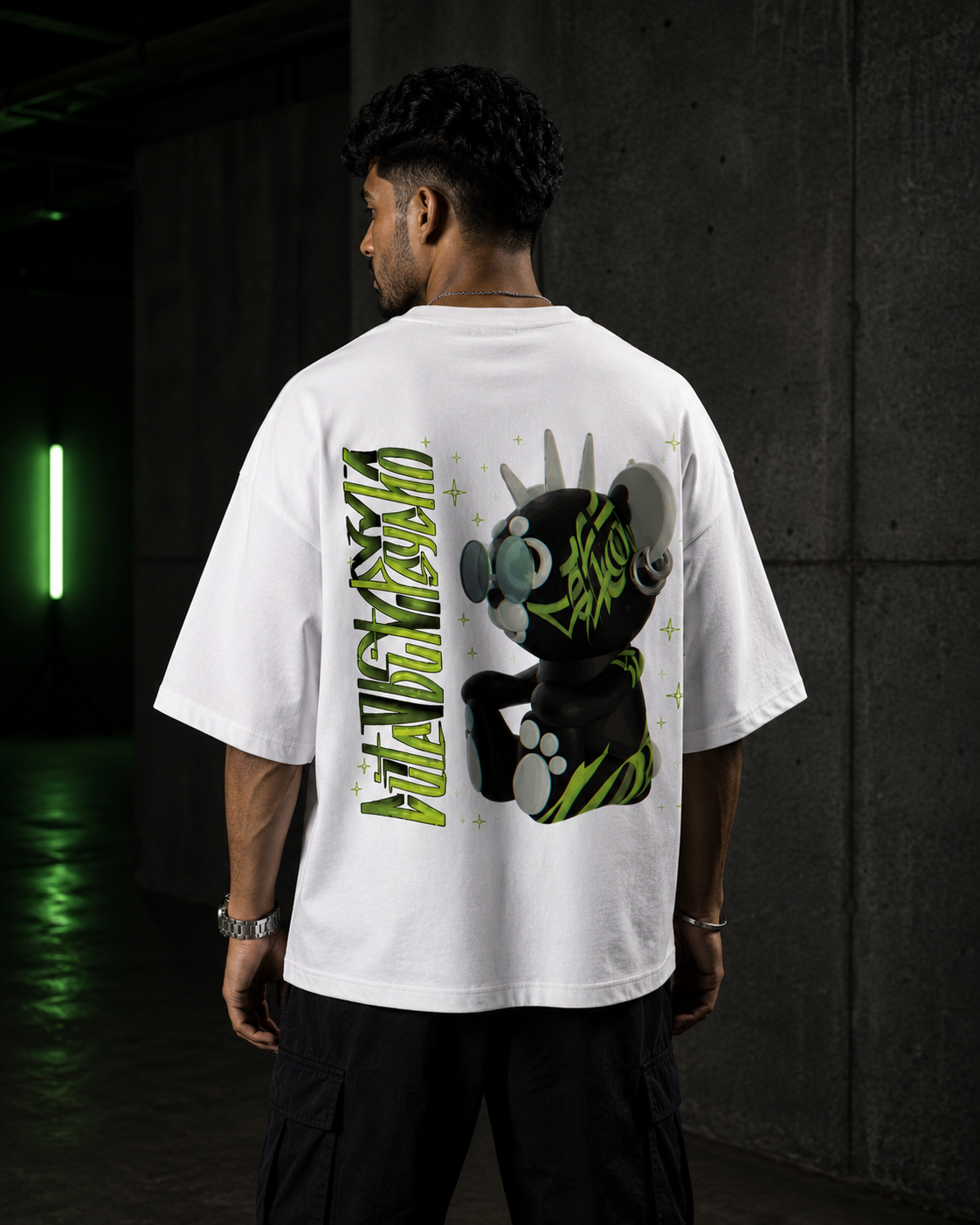 White Drip Earth oversized heavyweight t-shirt with AFTER HOURS teddy bear back graphic - rear model view