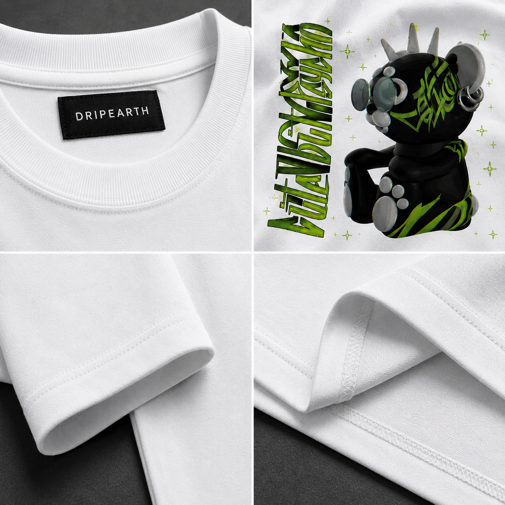 White Drip Earth oversized heavyweight t-shirt detail collage showing collar, print and fabric close-ups