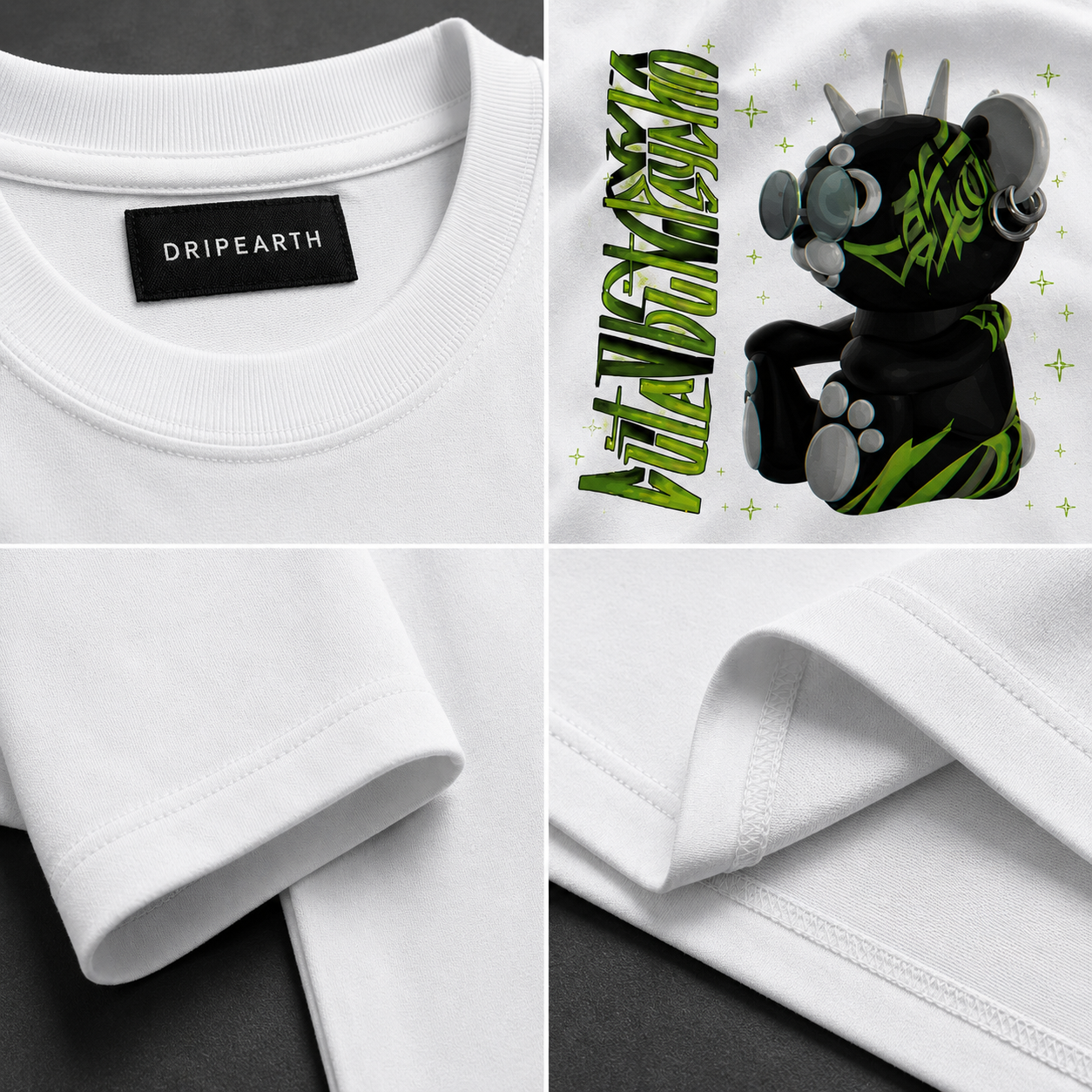 White Drip Earth oversized heavyweight t-shirt detail collage showing collar, print and fabric close-ups