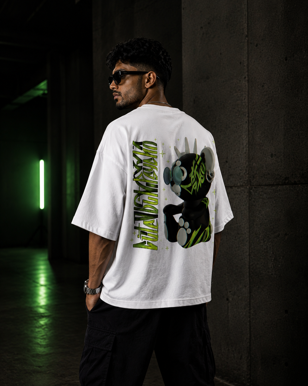 White Drip Earth oversized heavyweight t-shirt with AFTER HOURS graphic - lifestyle streetwear shot