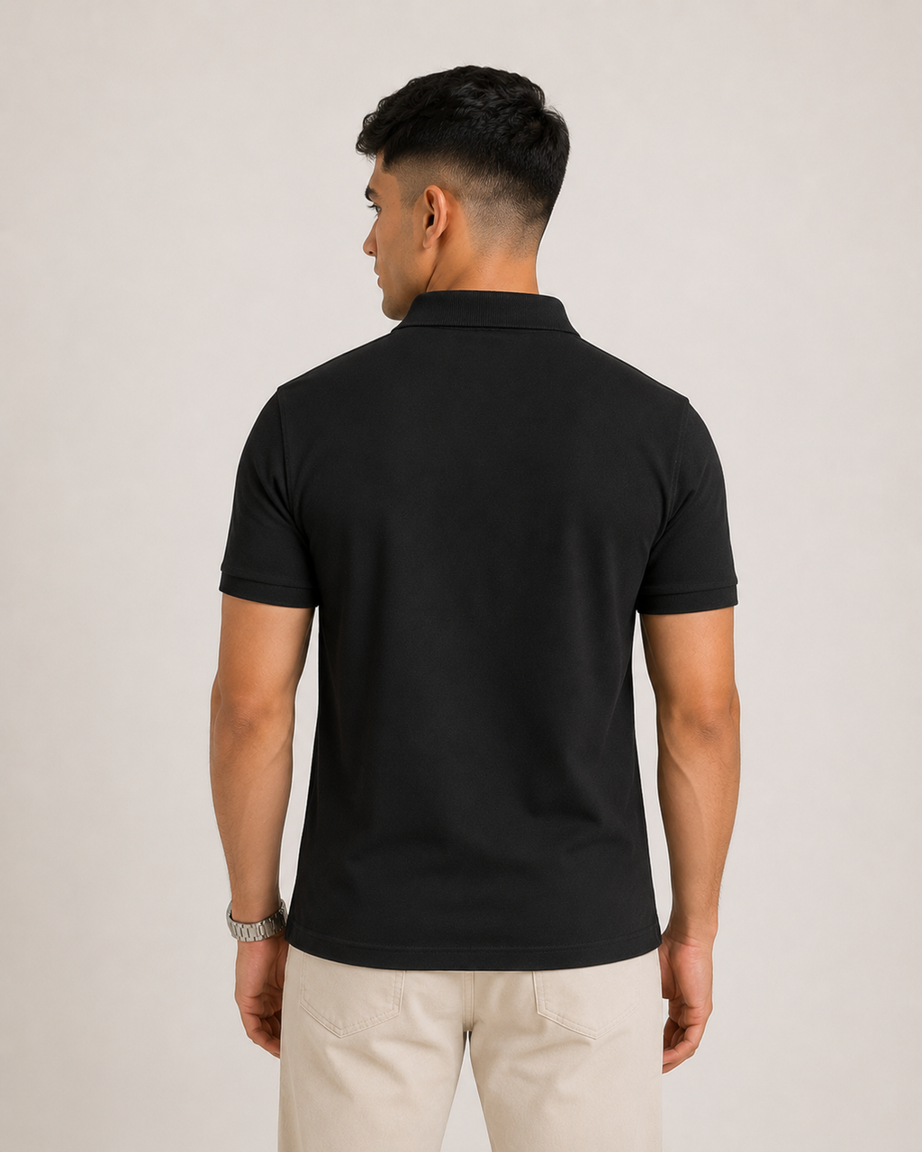 Black Drip Earth premium cotton polo - rear model studio view with clean silhouette