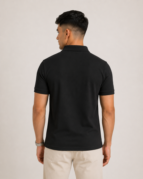 Black Drip Earth premium cotton polo - rear model studio view with clean silhouette