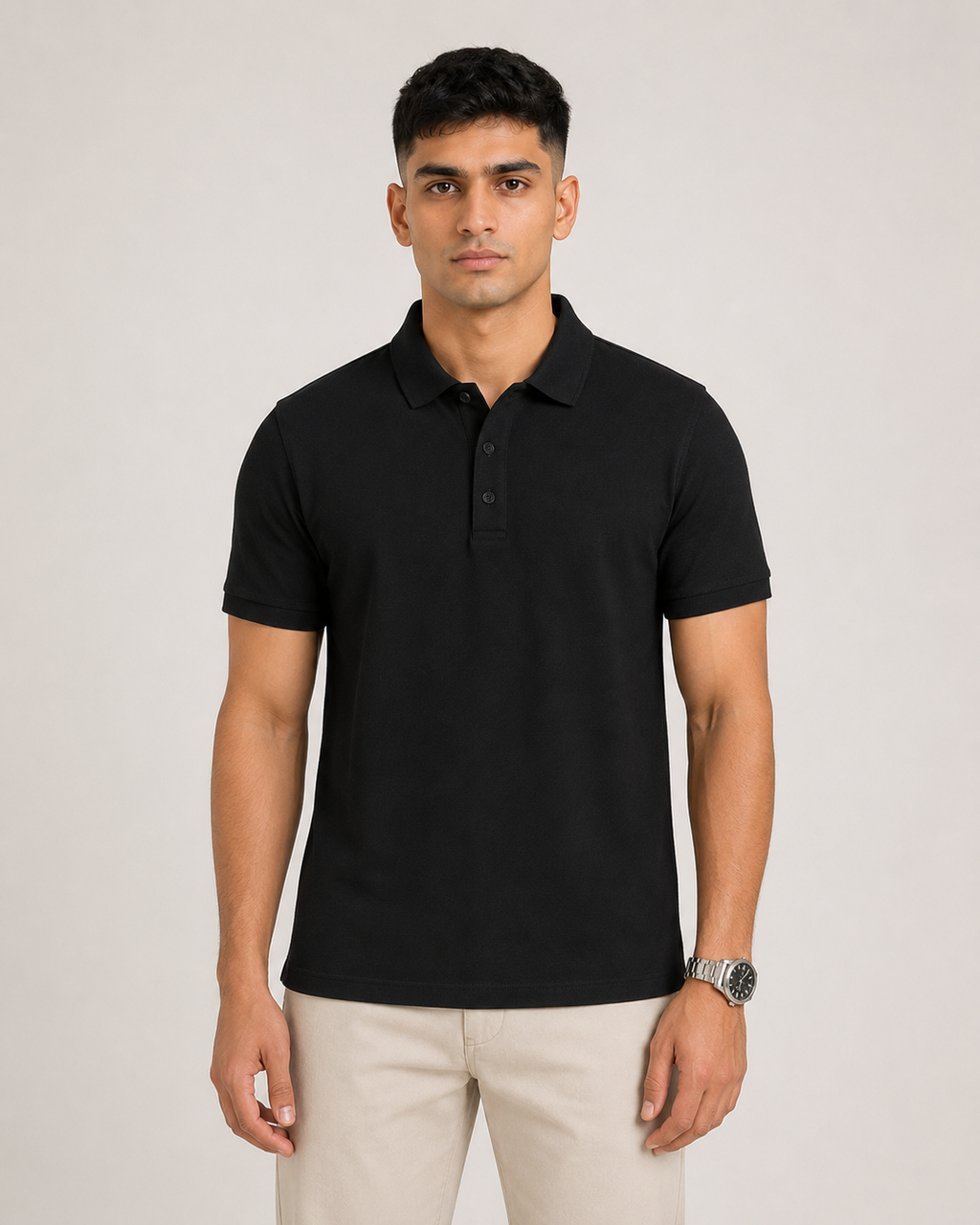 Black Drip Earth premium cotton polo - front model studio view with premium fit