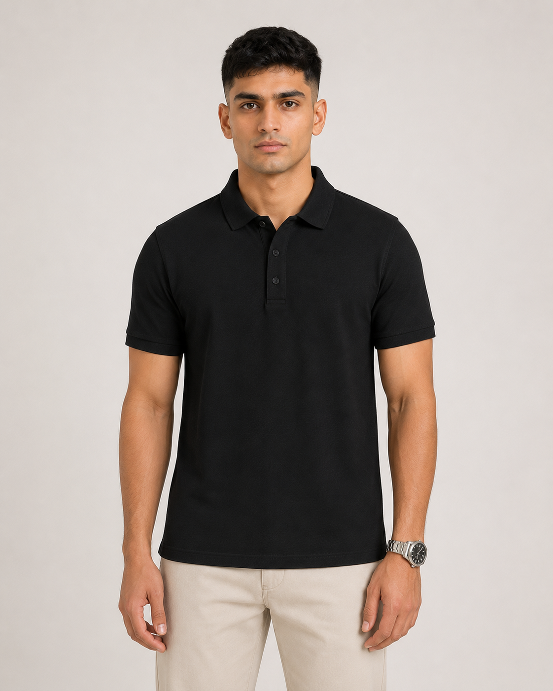 Black Drip Earth premium cotton polo - front model studio view with premium fit
