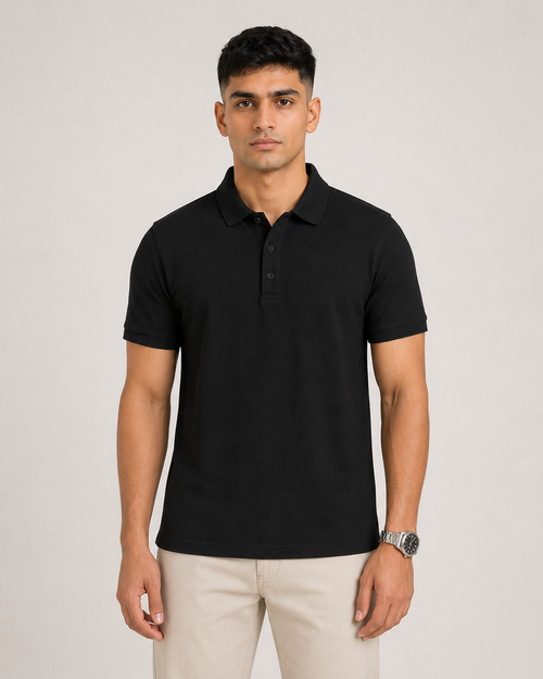 Black Drip Earth premium cotton polo - front model studio view with premium fit