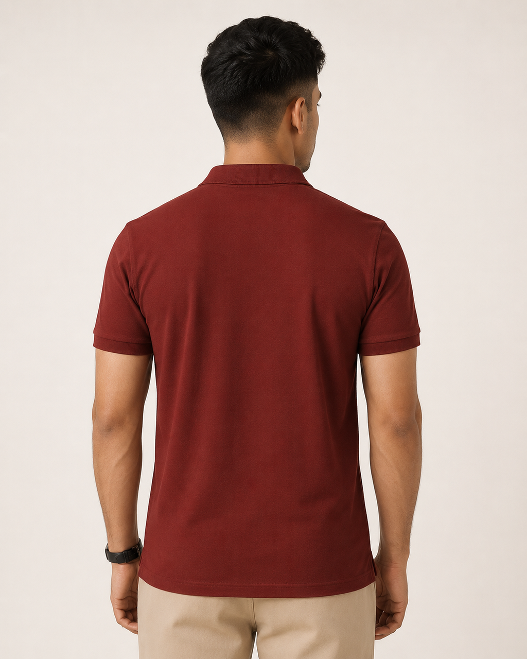 Brick-Red Drip Earth premium cotton polo - rear model studio view with clean silhouette