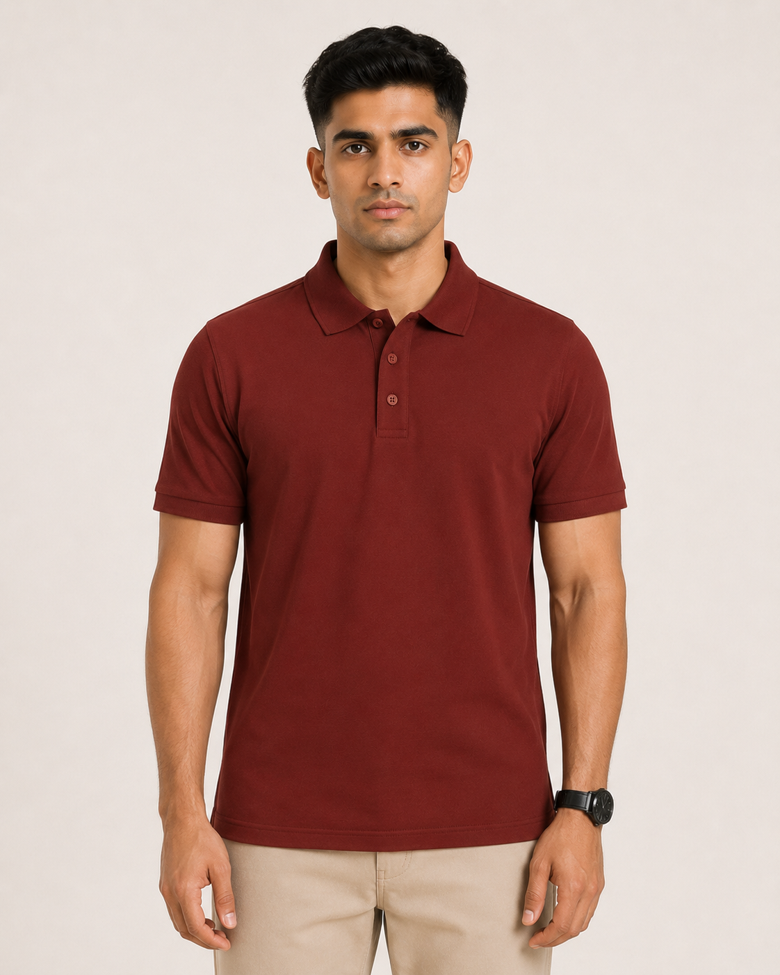 Brick-Red Drip Earth premium cotton polo - front model studio view with premium fit