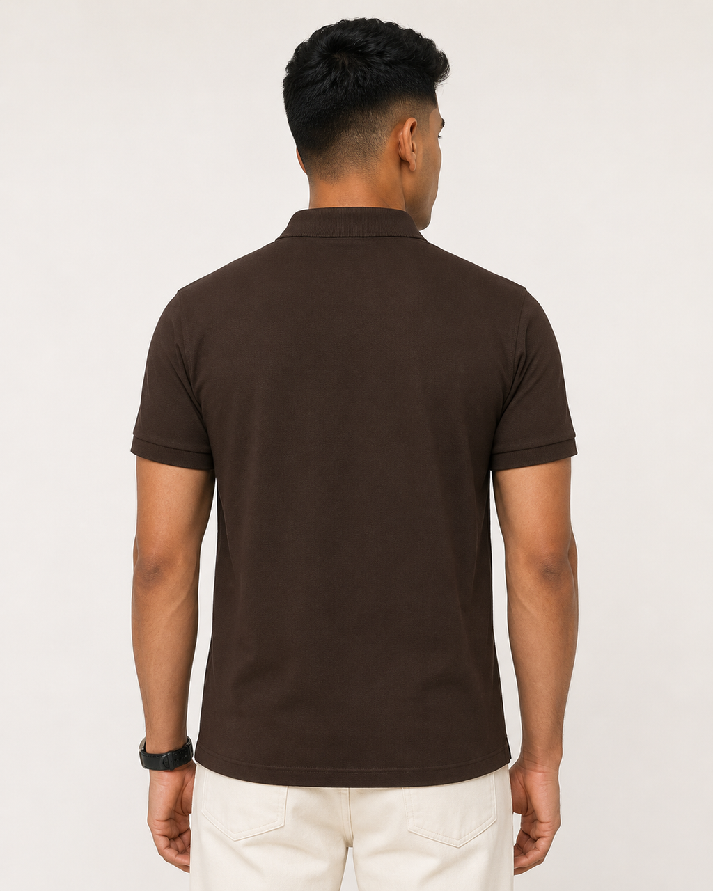 Coffee-Brown Drip Earth premium cotton polo - rear model studio view with clean silhouette