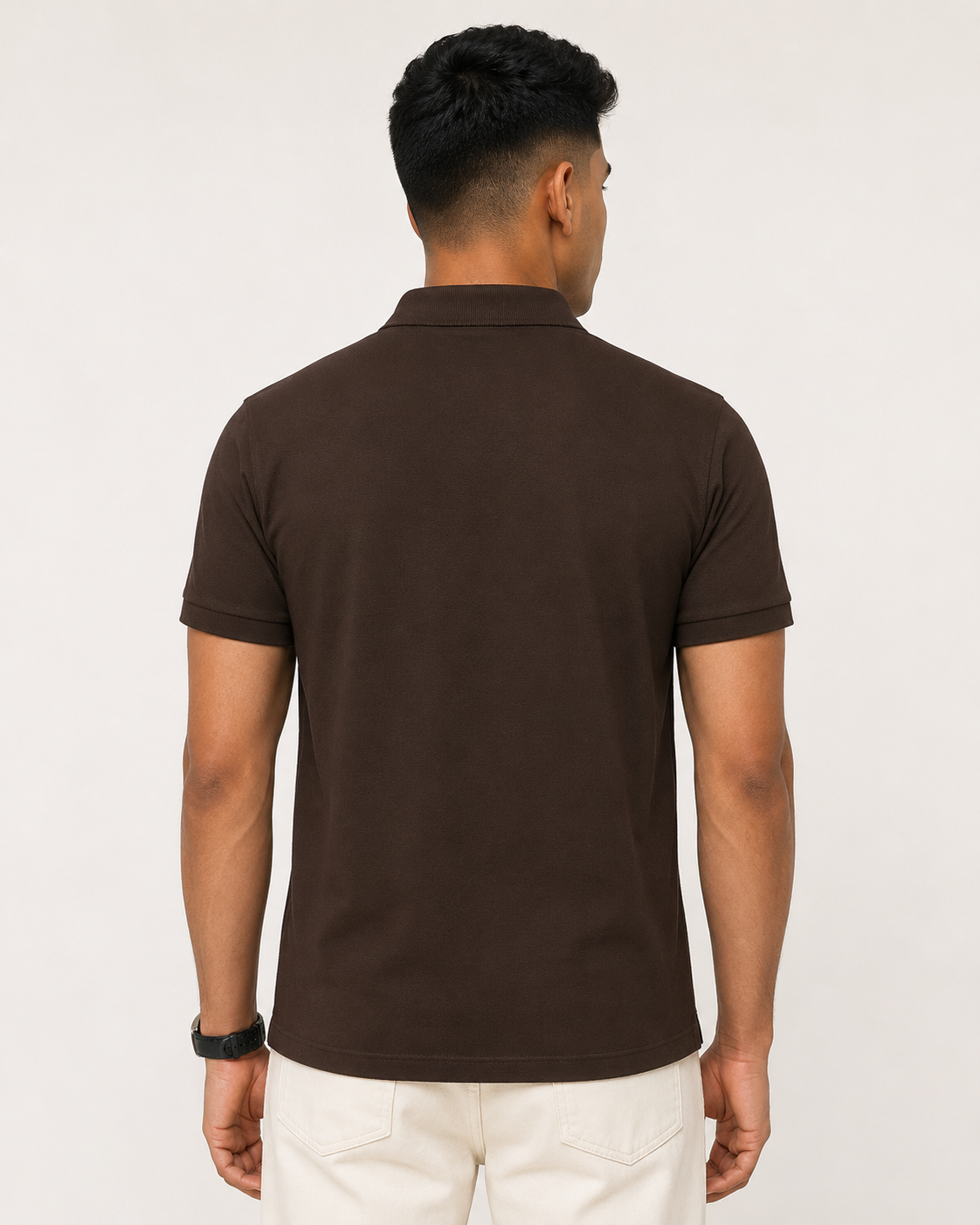 Coffee-Brown Drip Earth premium cotton polo - rear model studio view with clean silhouette