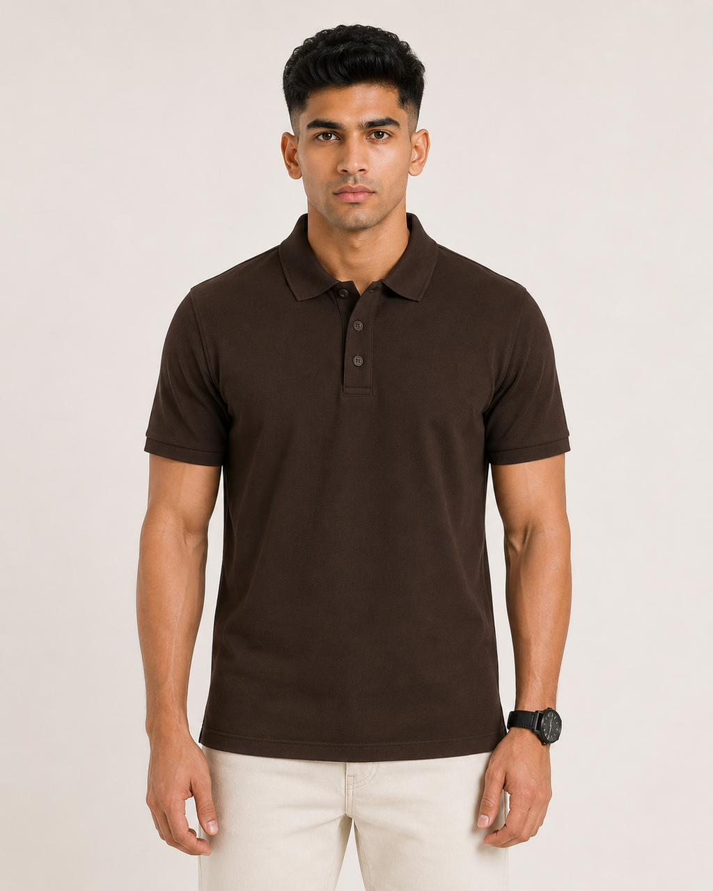 Coffee-Brown Drip Earth premium cotton polo - front model studio view with premium fit