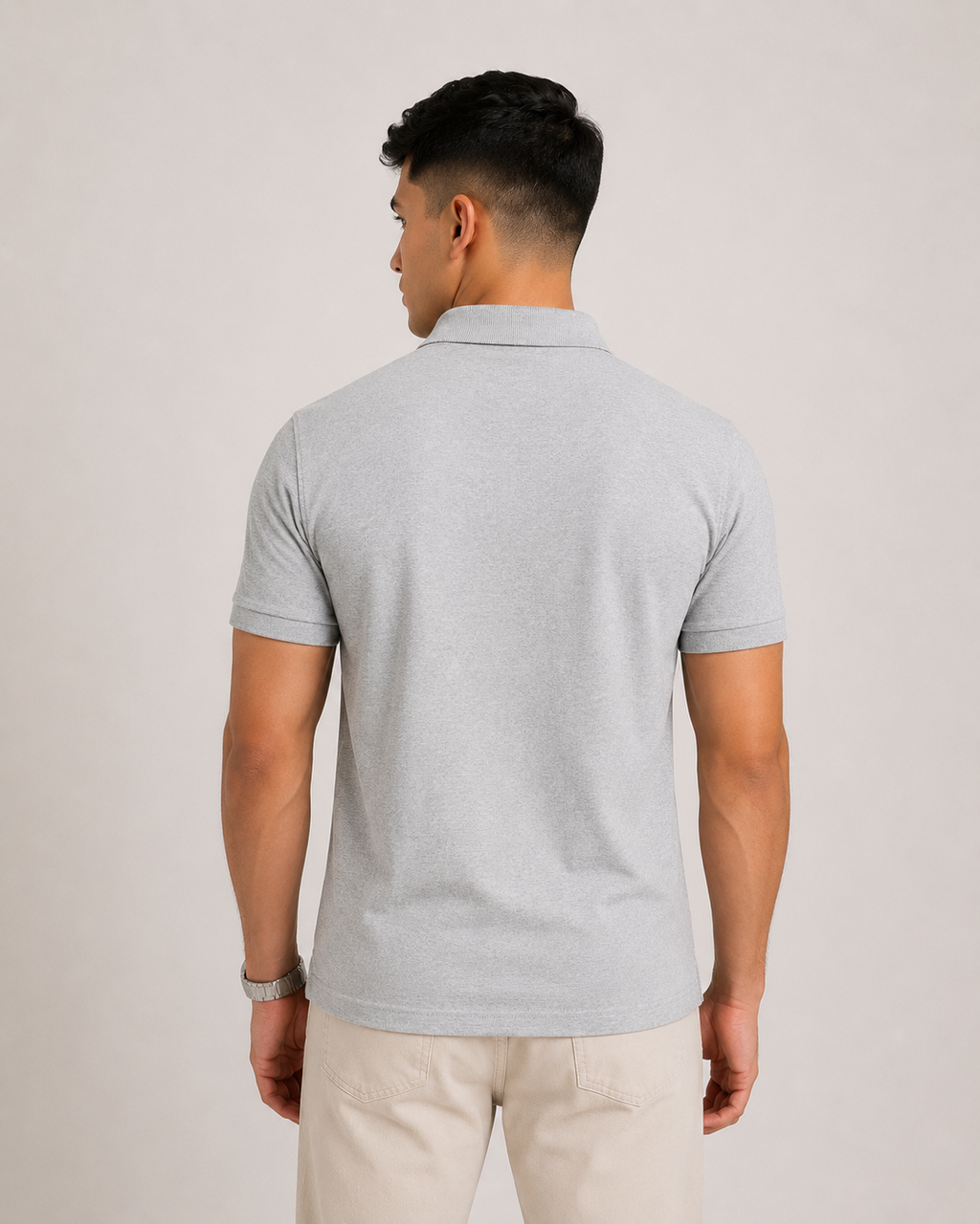 Grey-Melange Drip Earth premium cotton polo - rear model studio view with clean silhouette