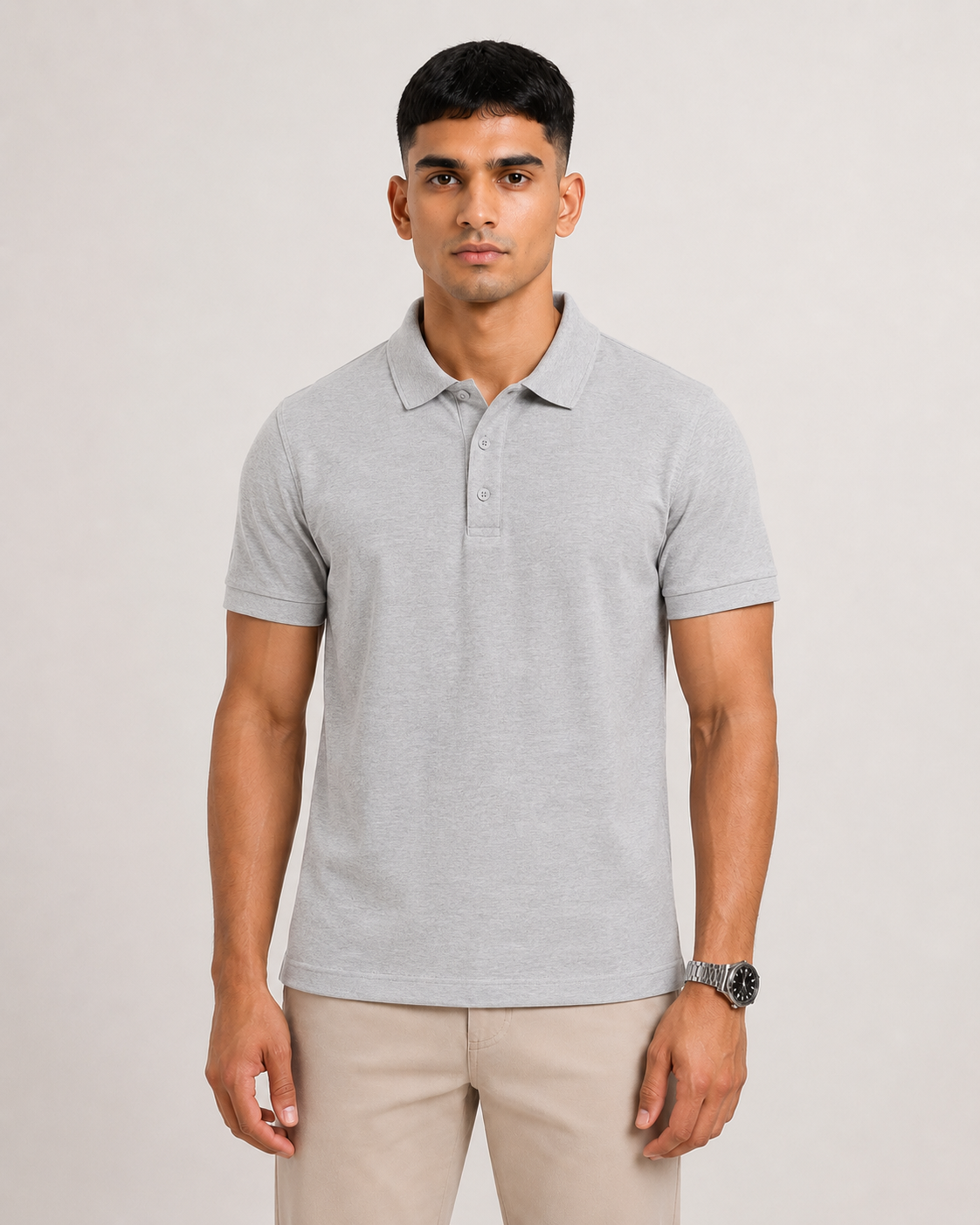 Grey-Melange Drip Earth premium cotton polo - front model studio view with premium fit
