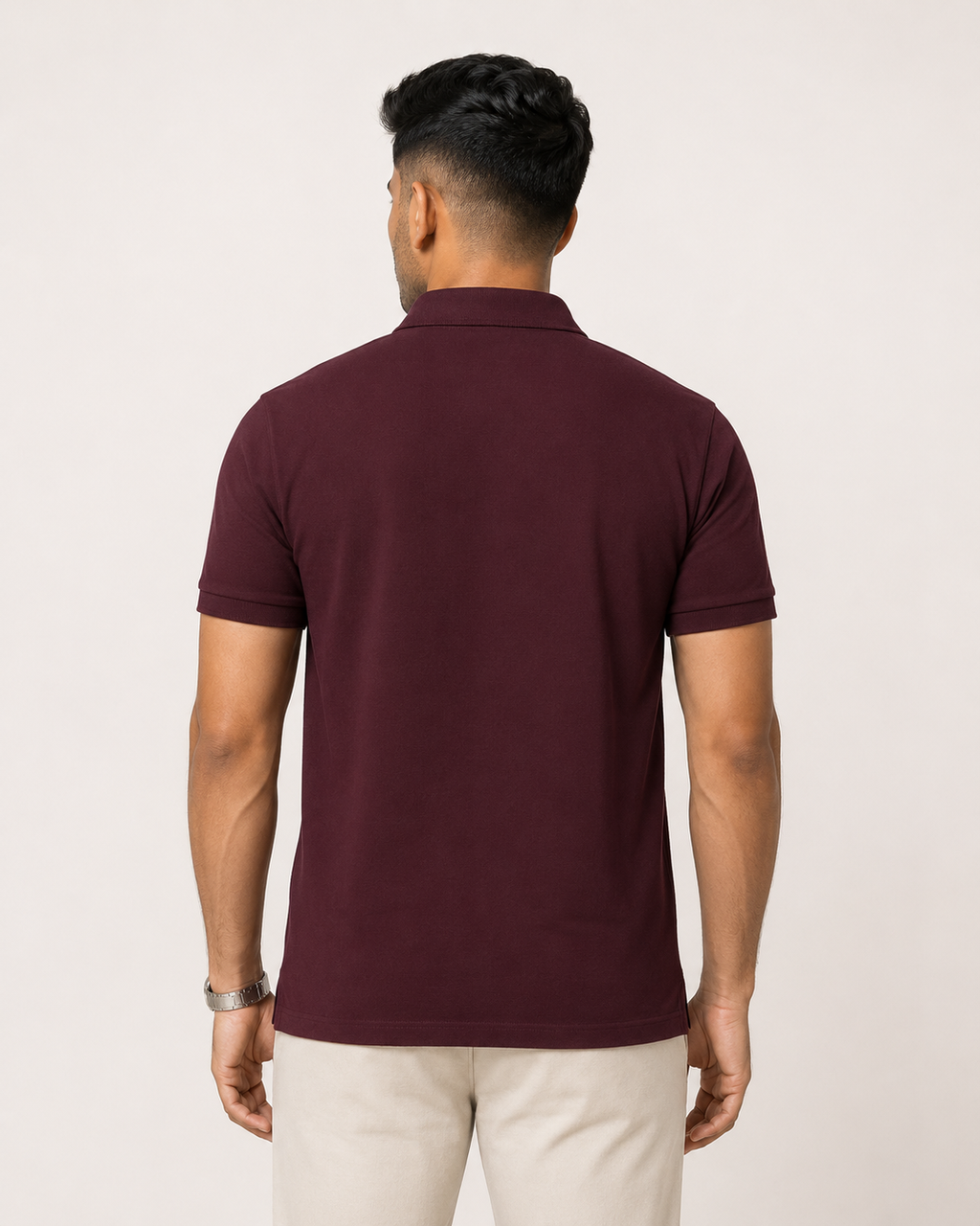 Maroon Drip Earth premium cotton polo - rear model studio view with clean silhouette