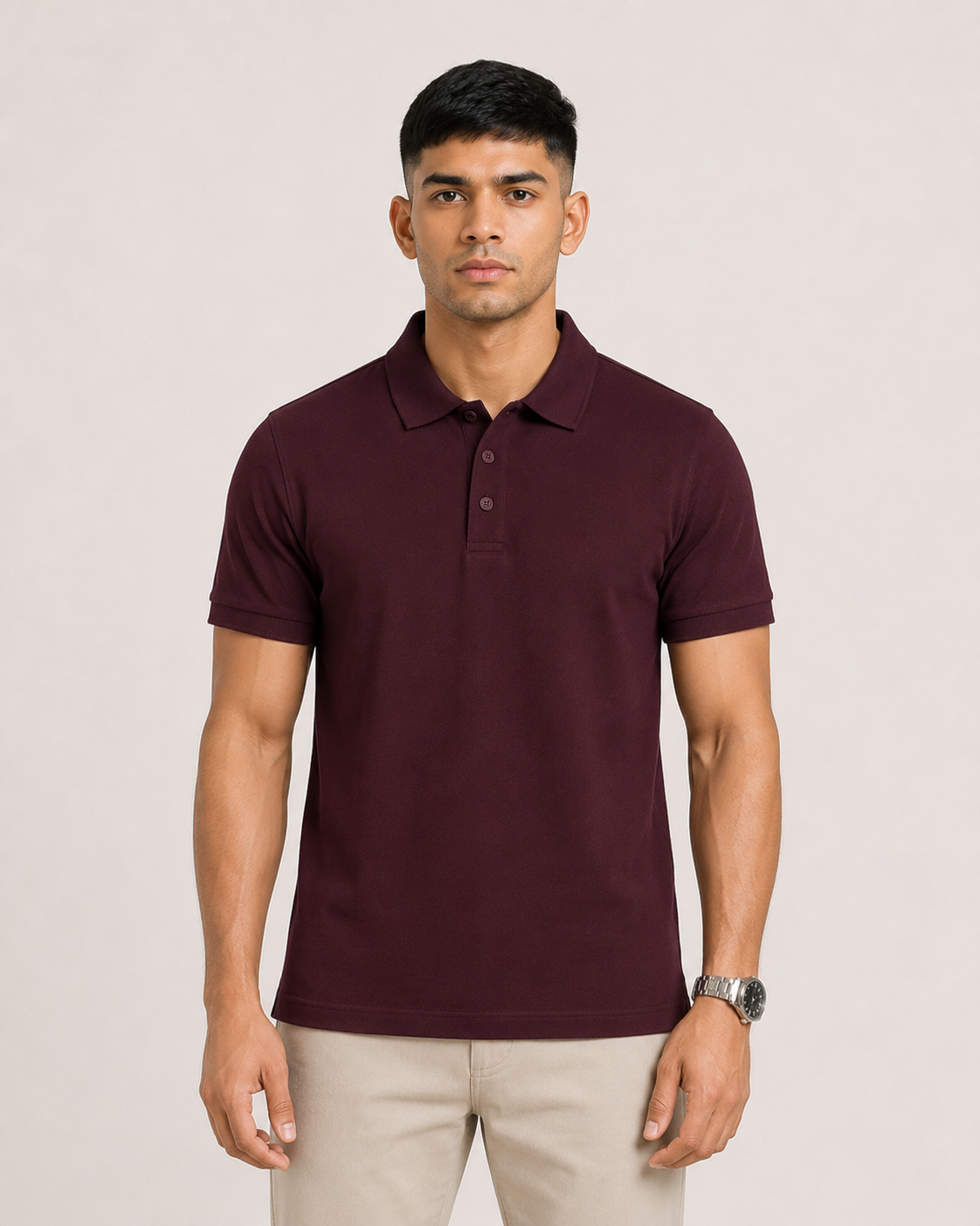 Maroon Drip Earth premium cotton polo - front model studio view with premium fit