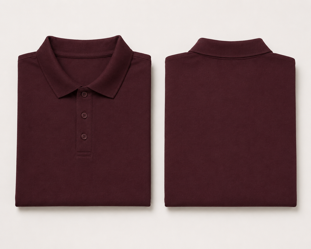 Maroon Drip Earth premium cotton polo with BARE silhouette - folded front and back view
