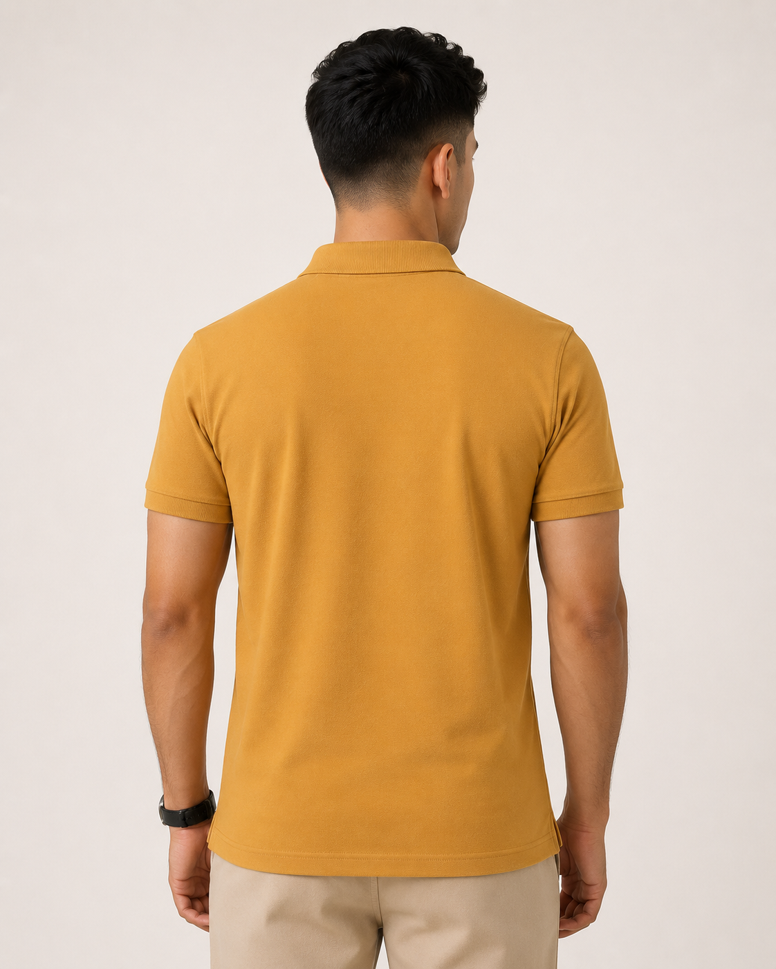 Mustard-Yellow Drip Earth premium cotton polo - rear model studio view with clean silhouette